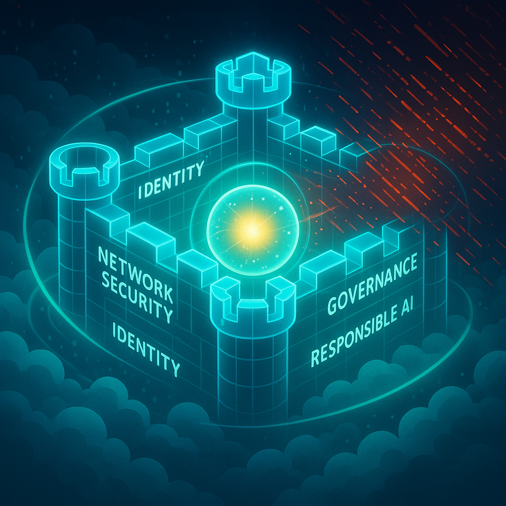 An illustration of a secure AI Landing Zone, showing a protected fortress in the cloud with pillars for security, identity, and governance.