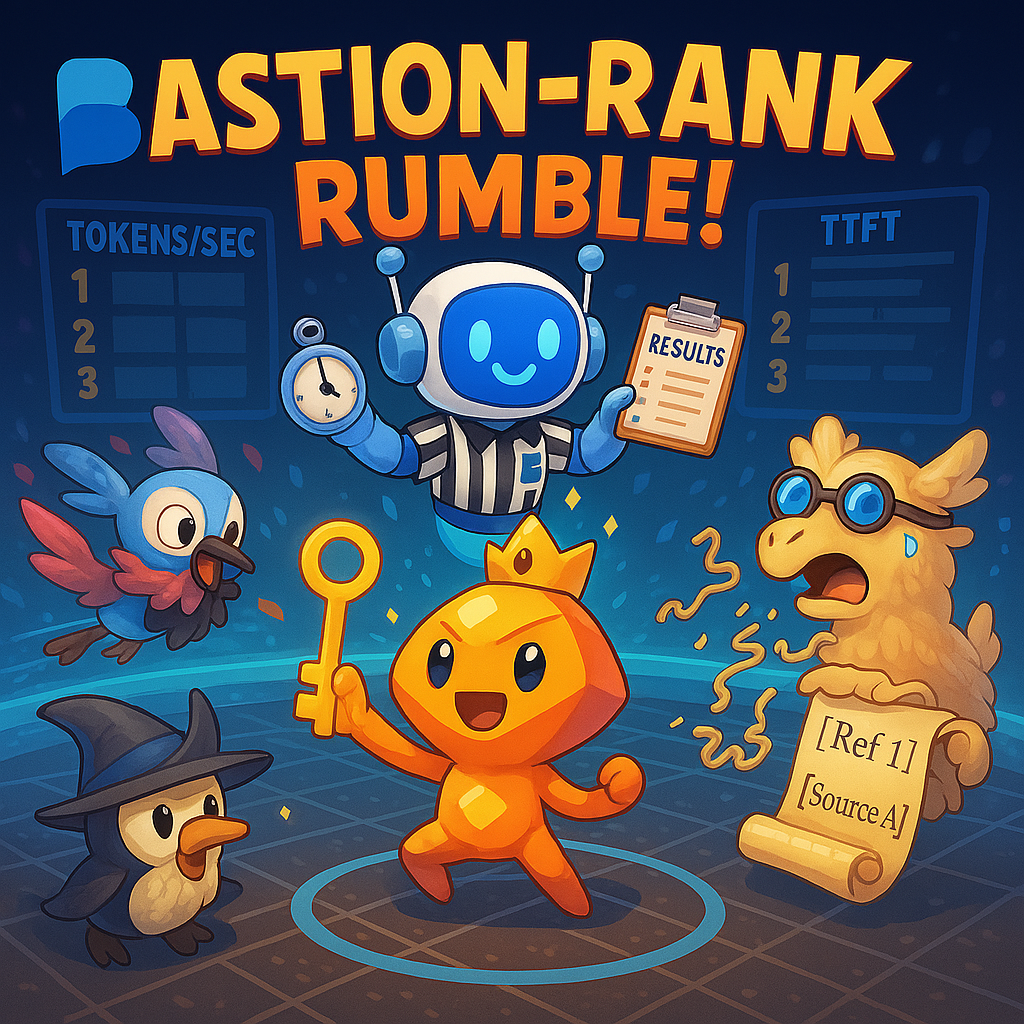 BastionRank Rumble - a cartoon depiction of AI models competing in a fighting game, refereed by BastionChat.